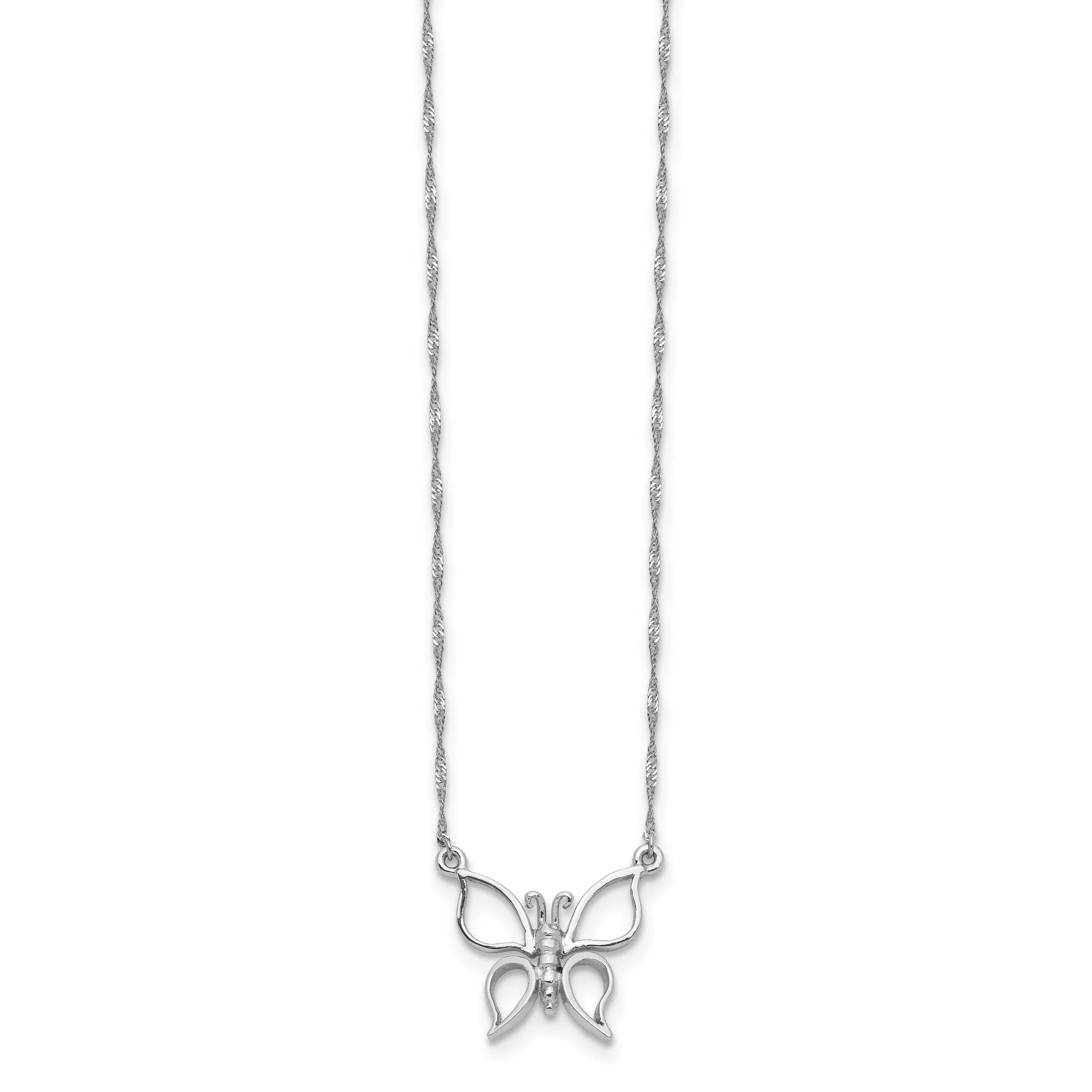 14k White Gold Polished Finish Solid Butterfly Design Pendant in a 17-inch Singapore Chain Necklace Set