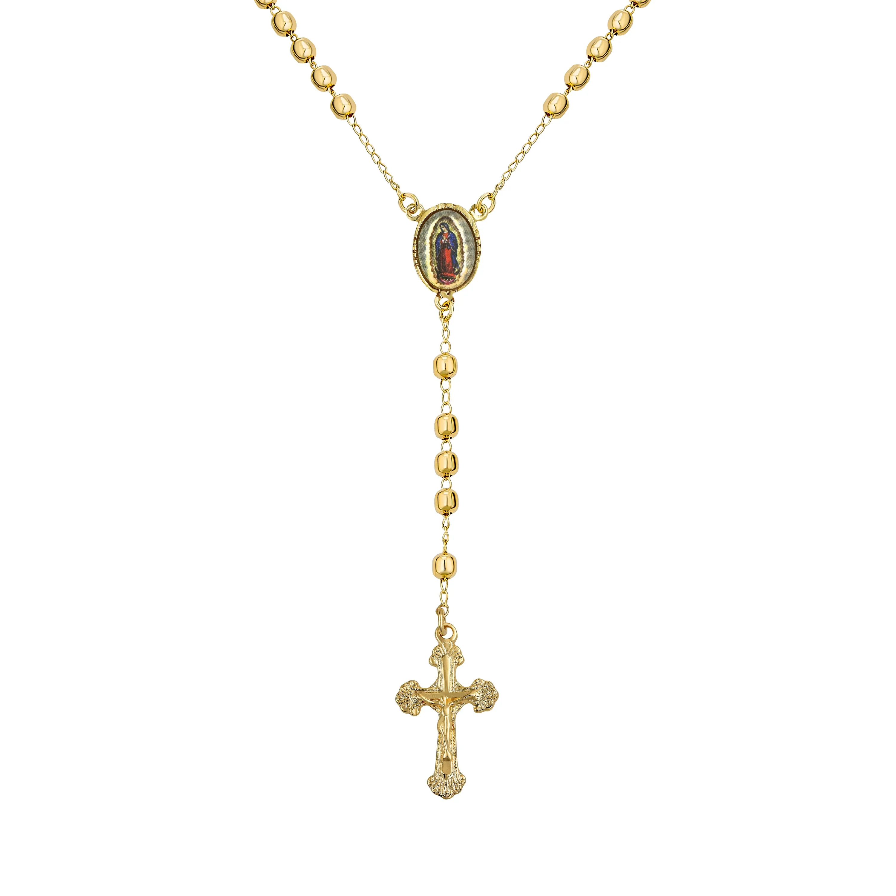 18K Gold Plated Rosary Necklace with Crucifix and Virgin Mary Beads