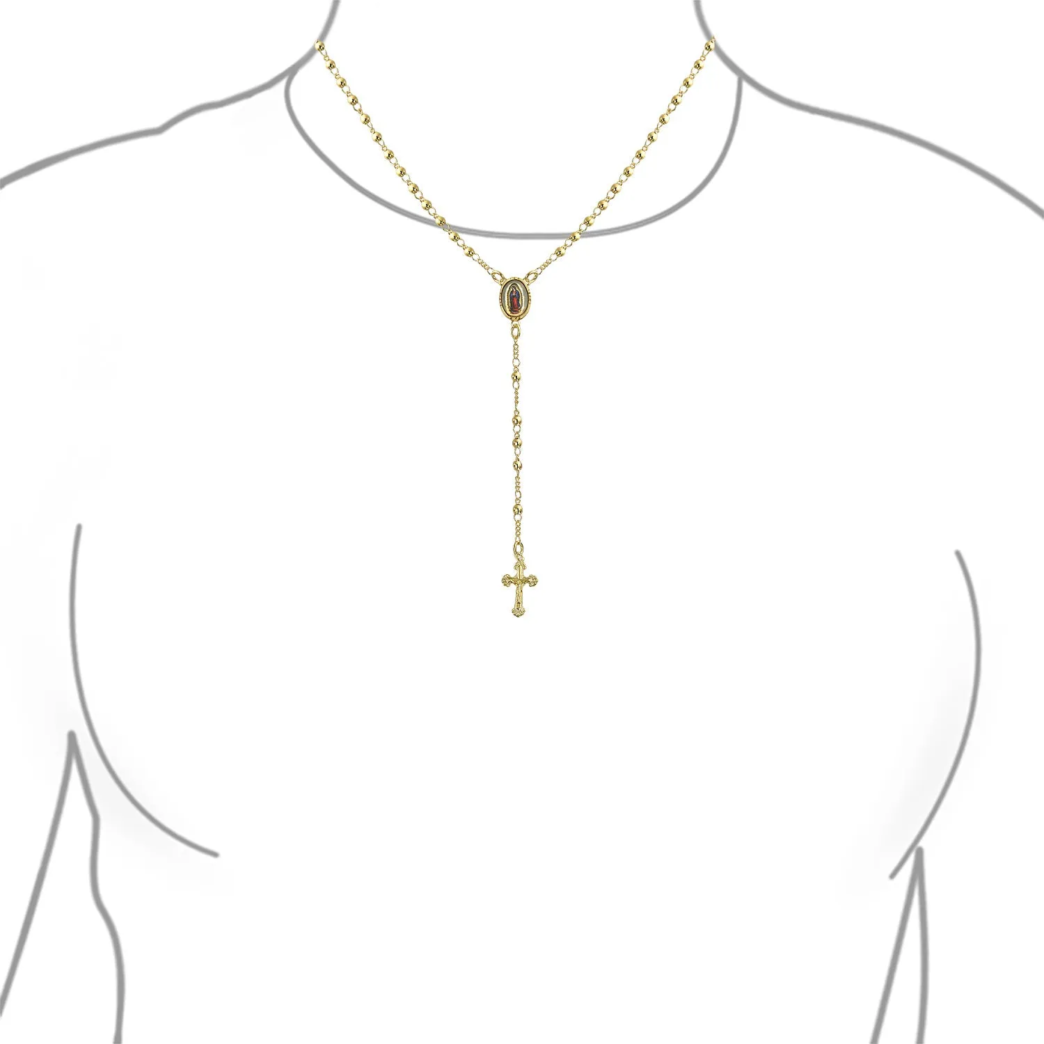 18K Gold Plated Rosary Necklace with Crucifix and Virgin Mary Beads