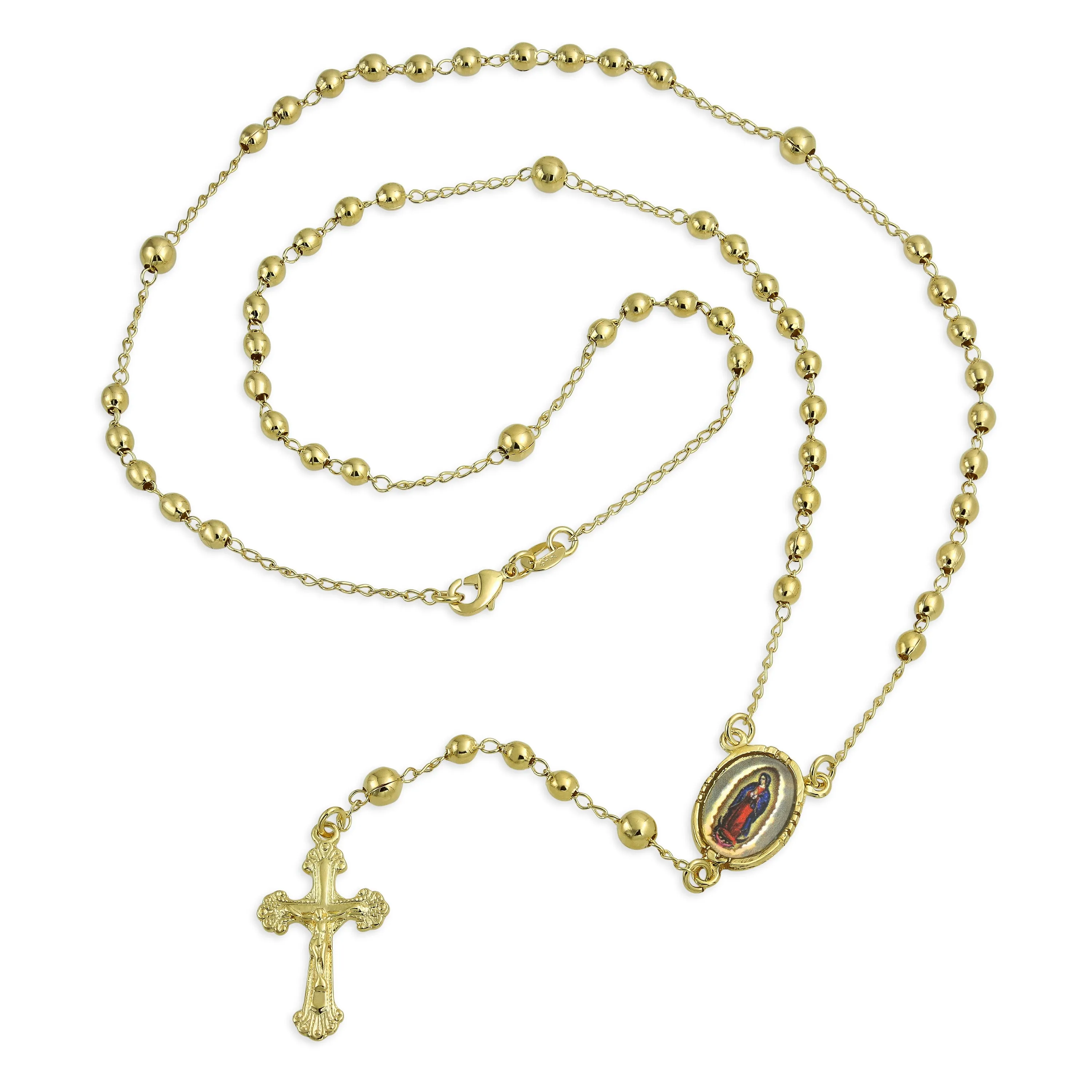 18K Gold Plated Rosary Necklace with Crucifix and Virgin Mary Beads