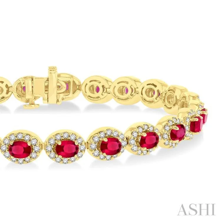 2 1/6 ctw Oval Cut 4X3 MM Ruby and Round Cut Diamond Halo Precious Tennis Bracelet in 14K Yellow Gold