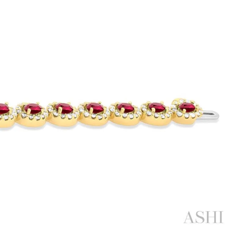 2 1/6 ctw Oval Cut 4X3MM Ruby and Round Cut Diamond Halo Precious Tennis Bracelet in 14K Yellow Gold