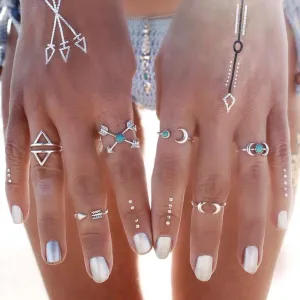 2016 New, 6 pcs /set Turkish vintage beach punk moon arrow ring set antique silver carved ethnic Boho midi ring finger knuckle