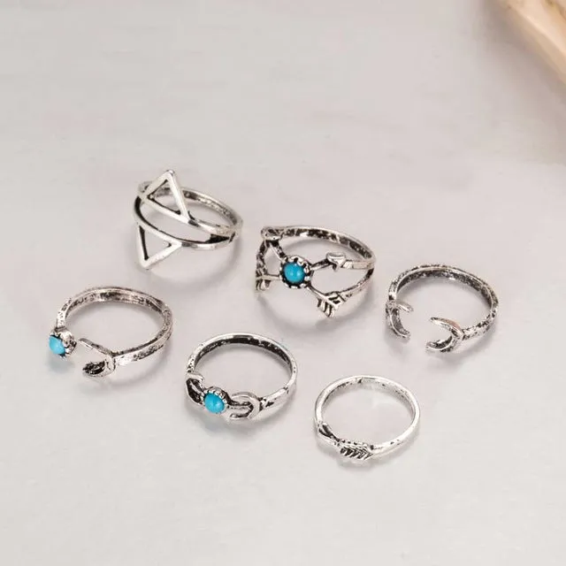 2016 New, 6 pcs /set Turkish vintage beach punk moon arrow ring set antique silver carved ethnic Boho midi ring finger knuckle