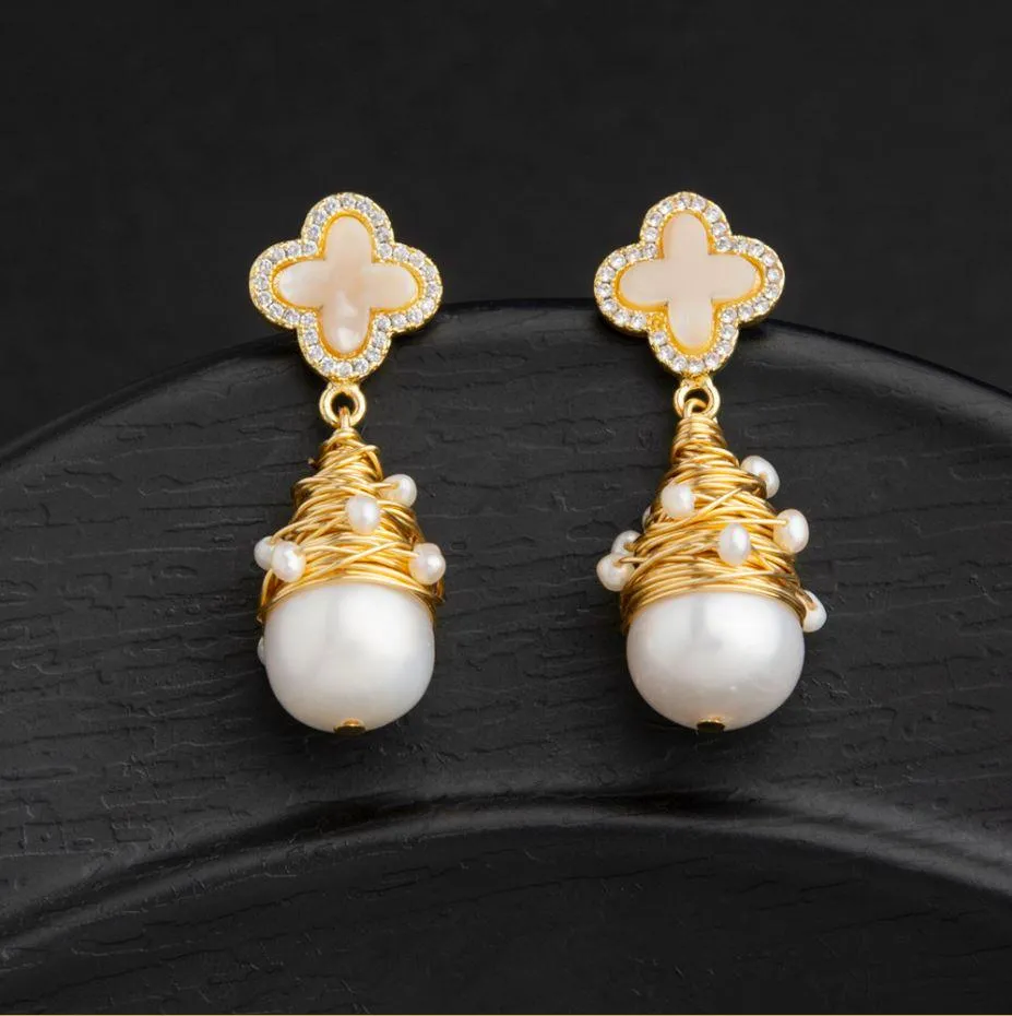 24 Carat Guaranteed Gold Plated CZ Clover With Droplet Wire Wrapped Freshwater Natural Cultural Pearl Fashion Drop Earring- PER 2127