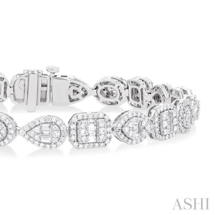 3 1/5 ctw Mixed Shape Fusion Baguette and Round Cut Diamond Halo Bracelet in 14K White Gold