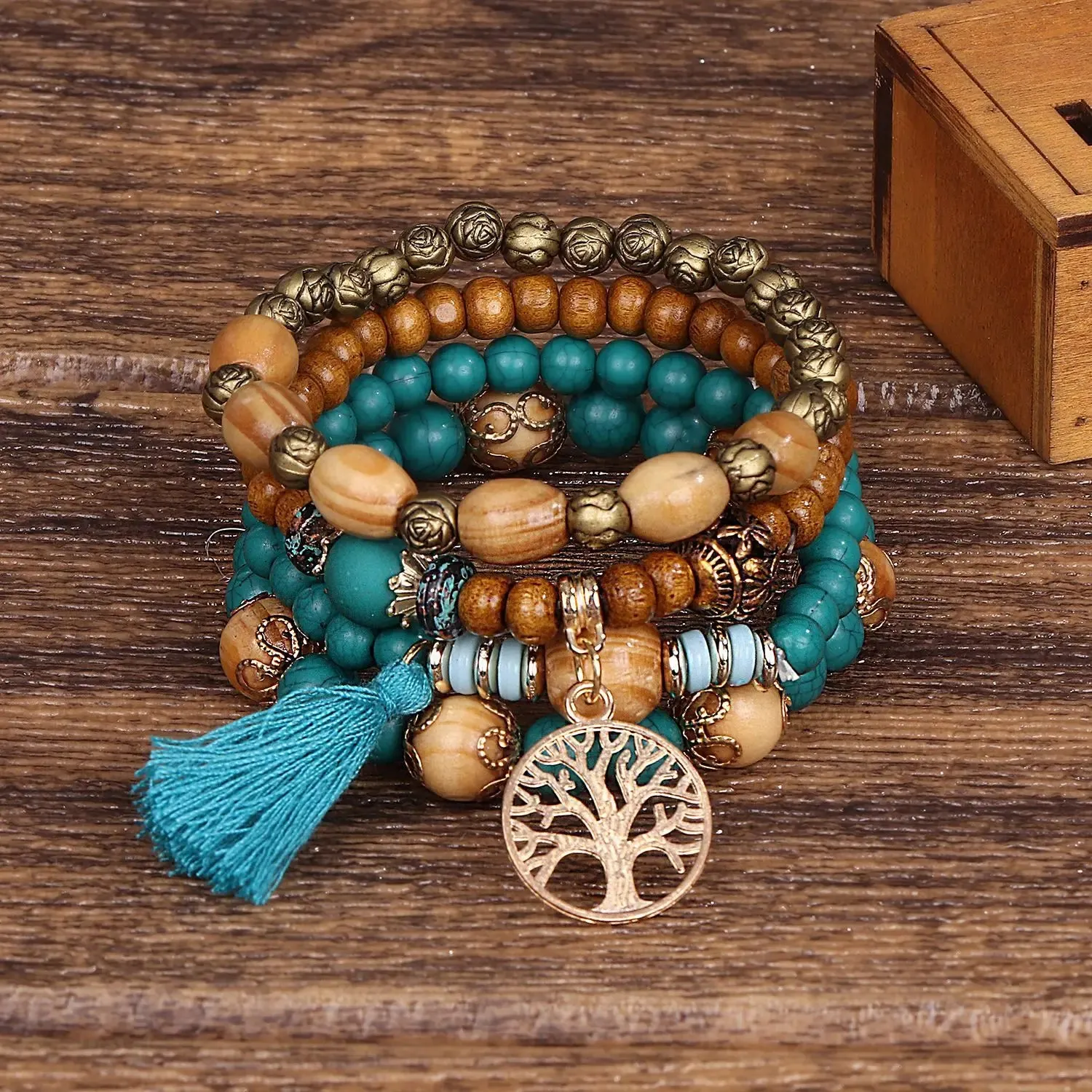 4Pcs/Set Boho Wooden Beaded Bracelet Set For Women Tree Of Life White Tassels Charm Elastic Chain Bangle Lady Bohemia Jewelry