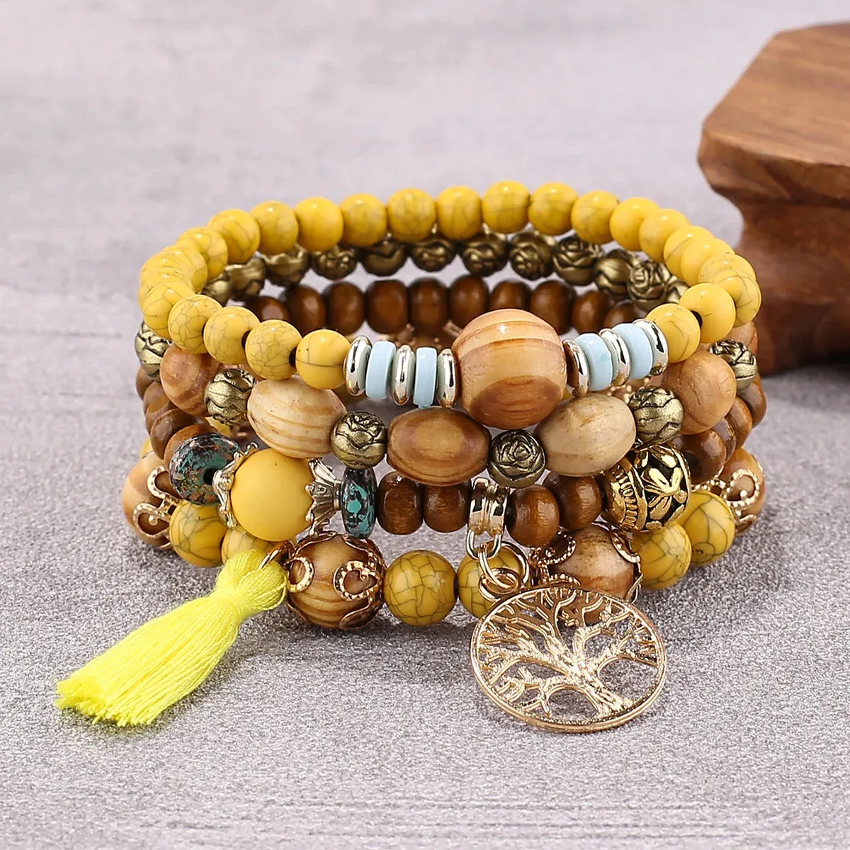 4Pcs/Set Boho Wooden Beaded Bracelet Set For Women Tree Of Life White Tassels Charm Elastic Chain Bangle Lady Bohemia Jewelry