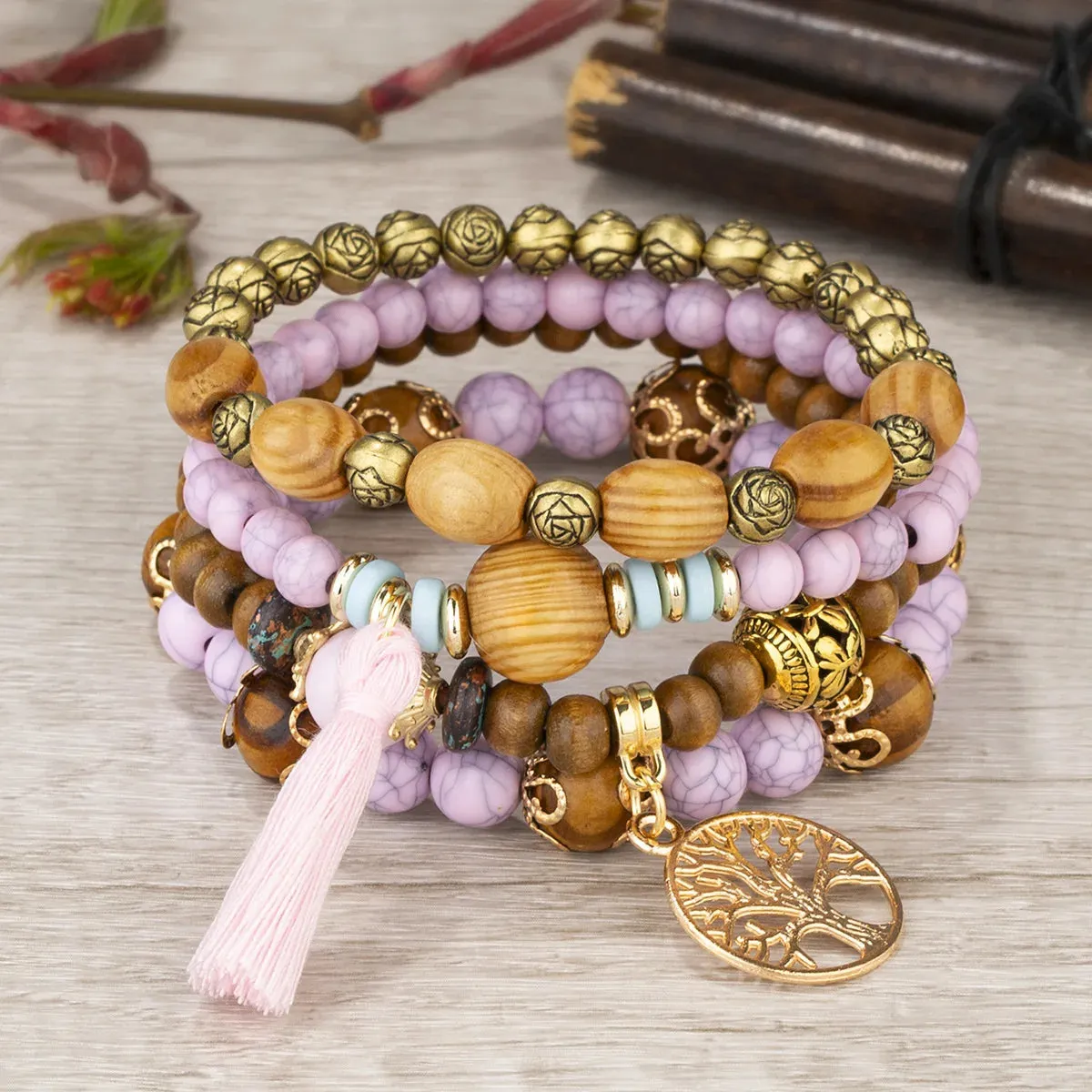 4Pcs/Set Boho Wooden Beaded Bracelet Set For Women Tree Of Life White Tassels Charm Elastic Chain Bangle Lady Bohemia Jewelry