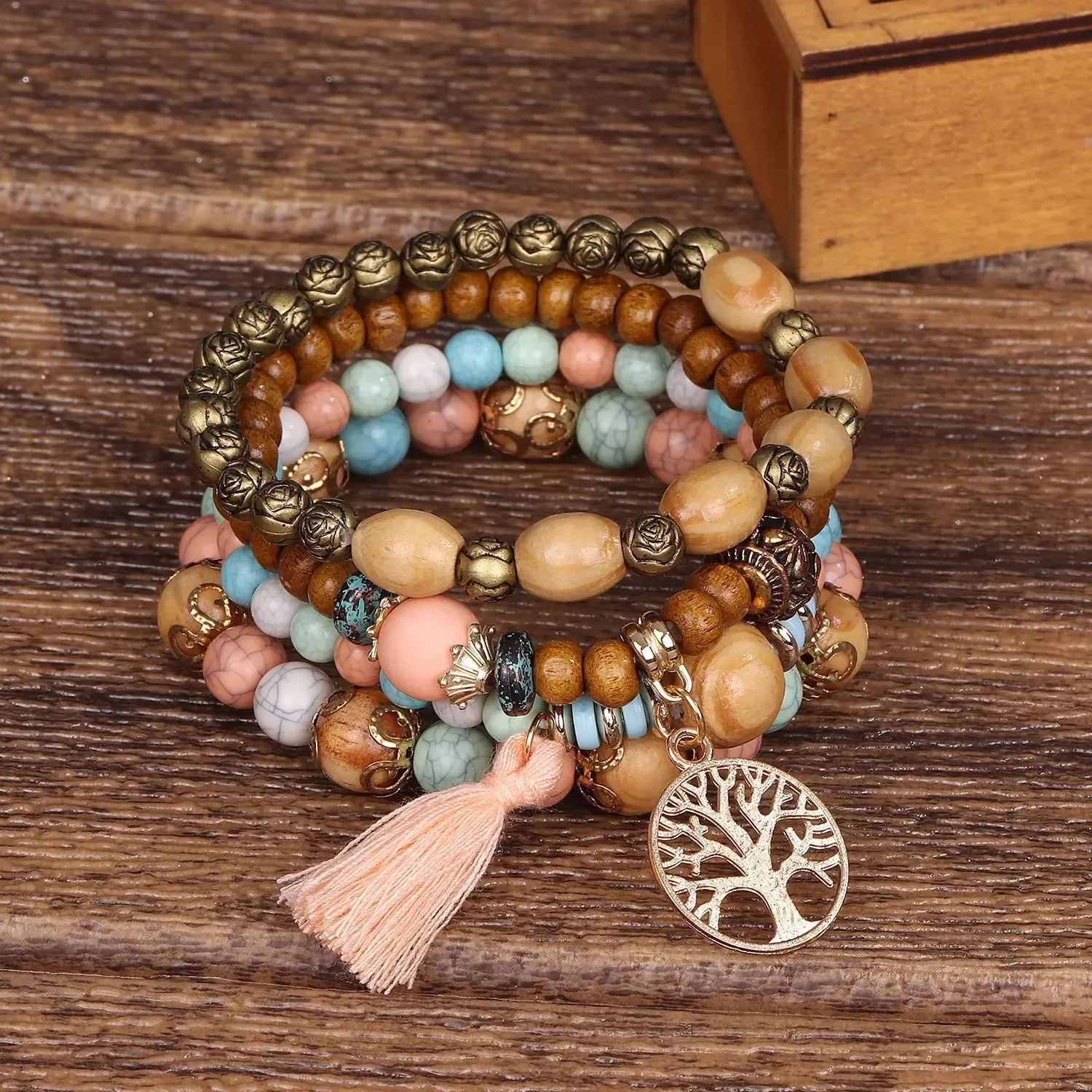 4Pcs/Set Boho Wooden Beaded Bracelet Set For Women Tree Of Life White Tassels Charm Elastic Chain Bangle Lady Bohemia Jewelry