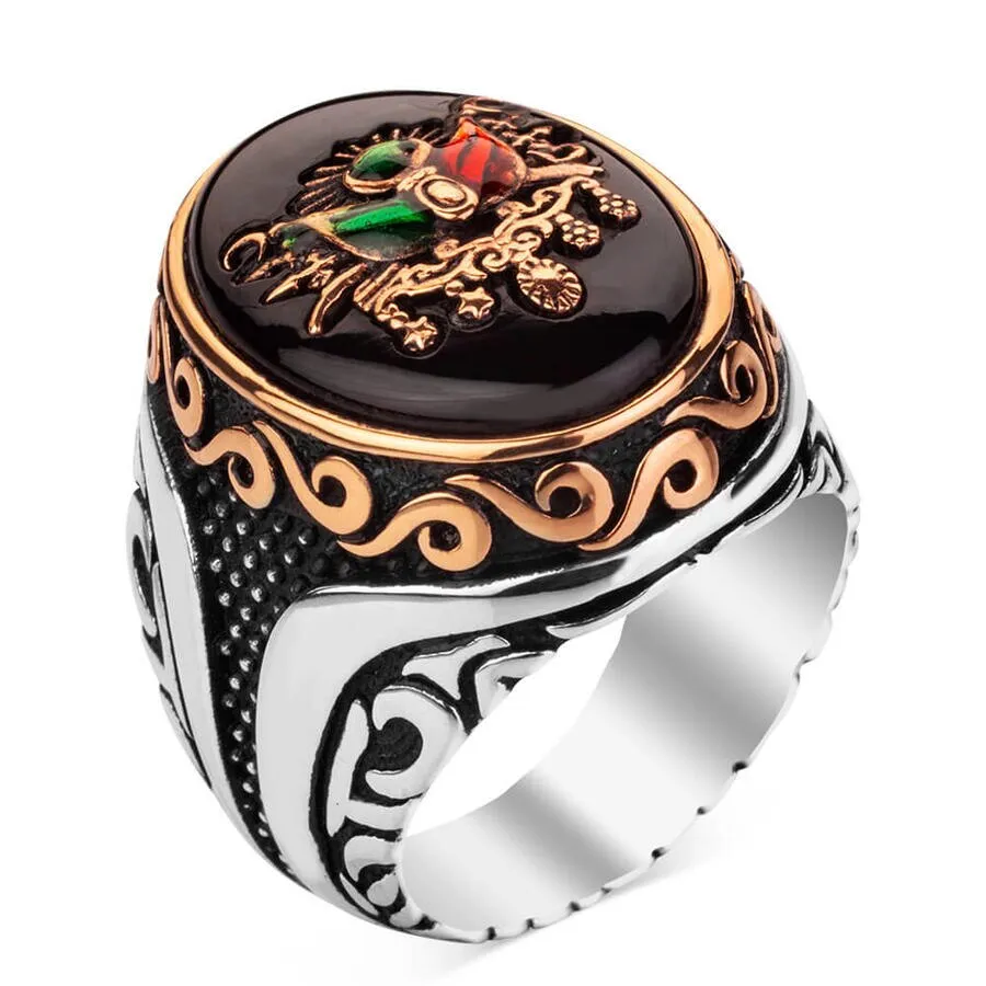 925 Sterling Silver Ottoman Coat of Arms Silver Ring on Black Onyx Stone Exclusive Ring for Men Gemstone Onyx Ring