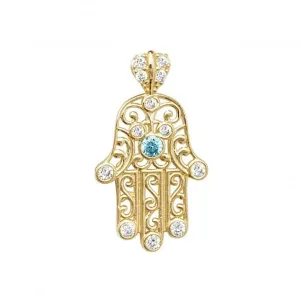 9ct Yellow Gold Hamsa Blue Zirconia Pendant PN067