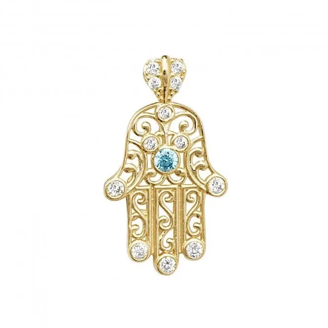 9ct Yellow Gold Hamsa Blue Zirconia Pendant PN067