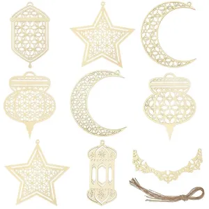 American Elm 8 Pieces Wooden Moon Star Wooden Hanging Ornament for DIY Home Decoration, Eid Ramadan Decor - Ramadan Kareem