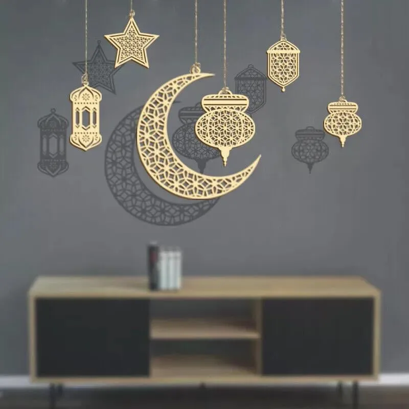 American Elm 8 Pieces Wooden Moon Star Wooden Hanging Ornament for DIY Home Decoration, Eid Ramadan Decor - Ramadan Kareem