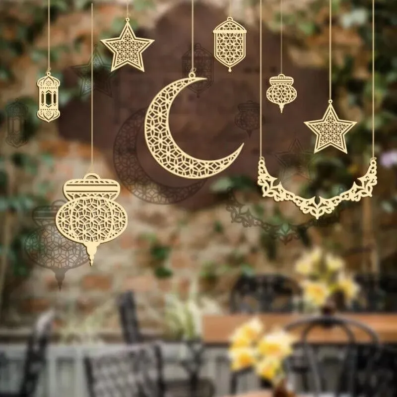 American Elm 8 Pieces Wooden Moon Star Wooden Hanging Ornament for DIY Home Decoration, Eid Ramadan Decor - Ramadan Kareem