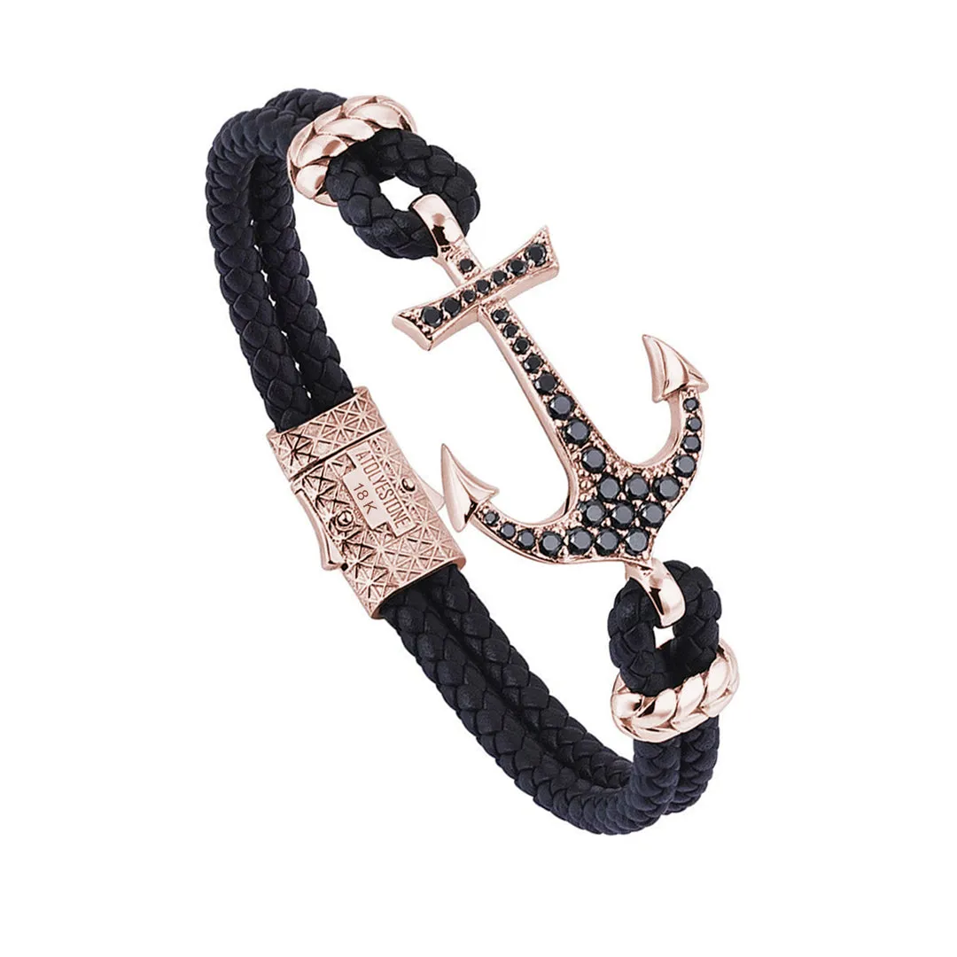 Anchor Leather Bracelet - Solid Rose Gold