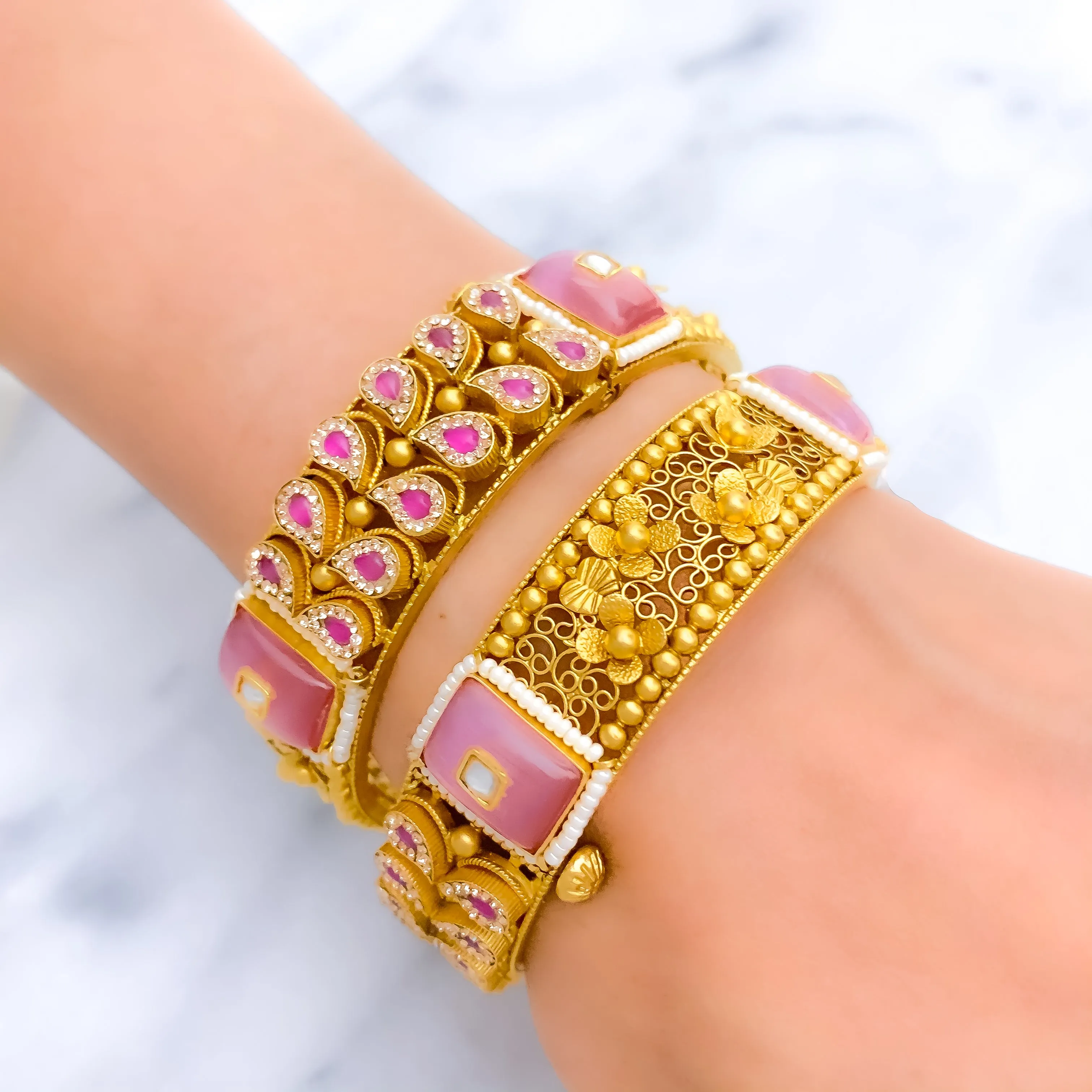 Antique Oxidized Pink Floral 22k Gold Bangles