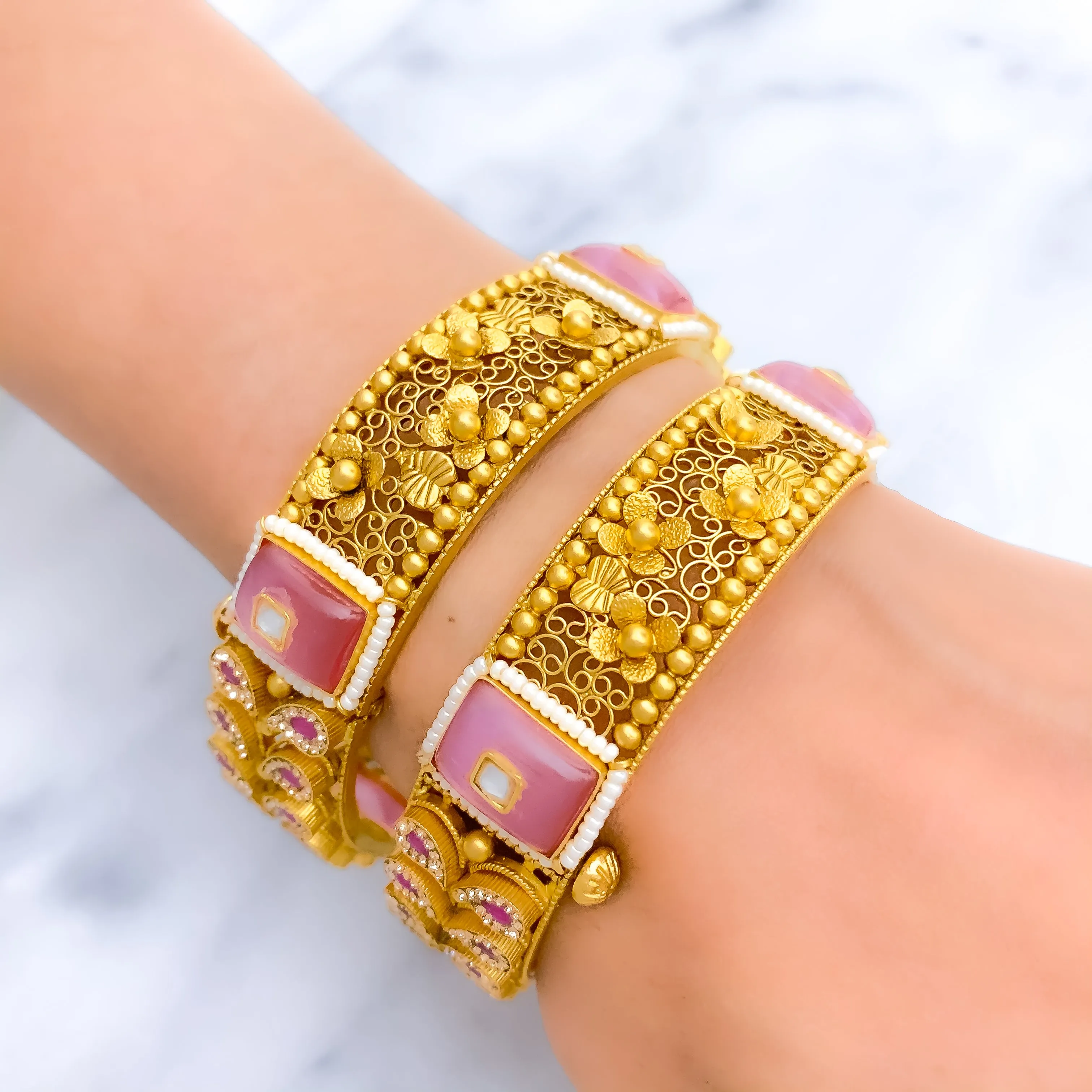 Antique Oxidized Pink Floral 22k Gold Bangles