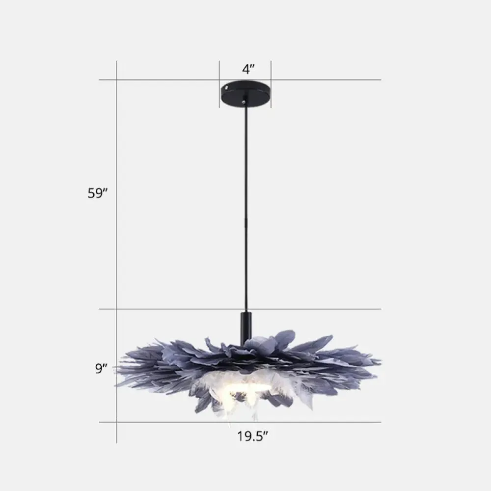 Artistic 1-Head Black and Blue Floral Feather Hanging Light Fixture for Bedroom