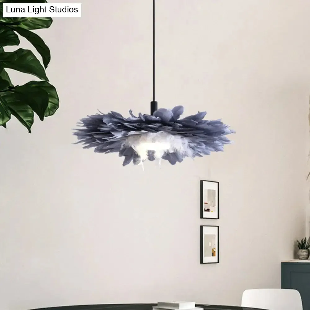 Artistic 1-Head Black and Blue Floral Feather Hanging Light Fixture for Bedroom