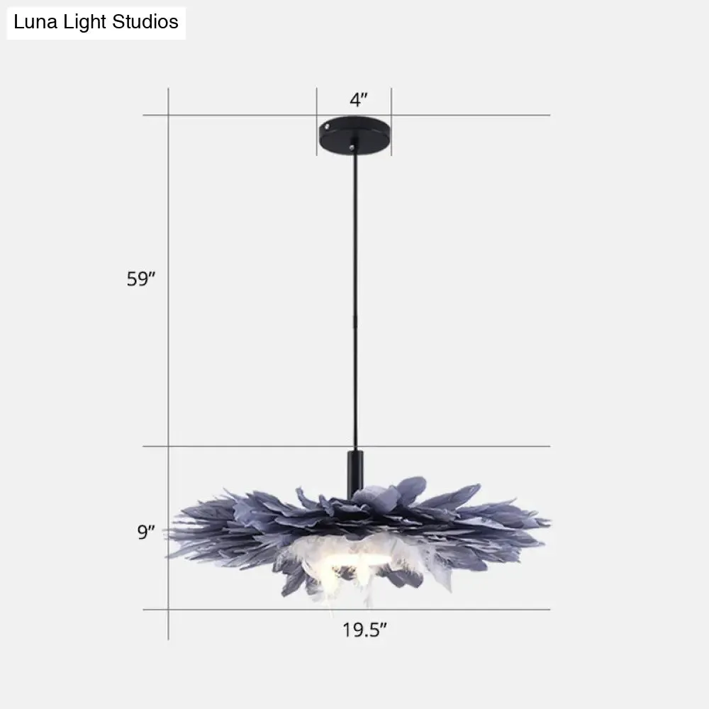 Artistic 1-Head Black and Blue Floral Feather Hanging Light Fixture for Bedroom