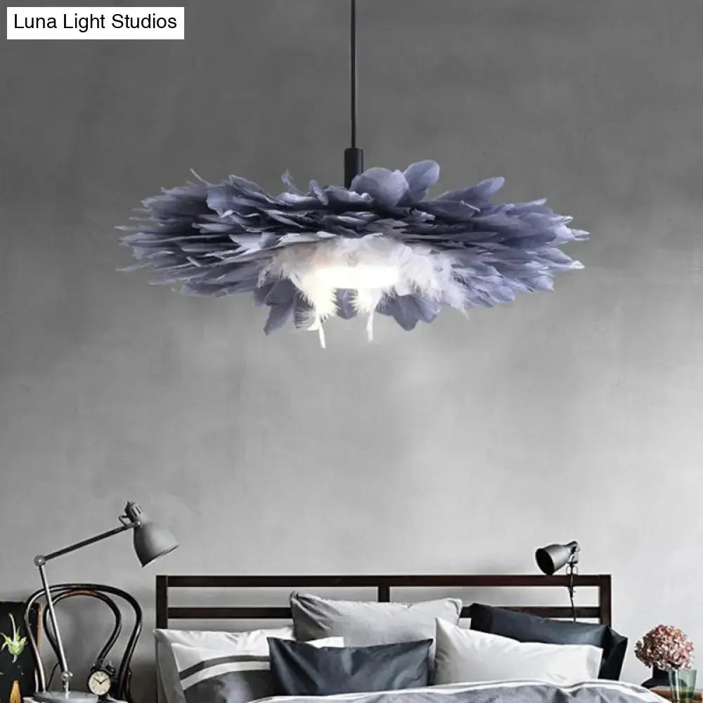 Artistic 1-Head Black and Blue Floral Feather Hanging Light Fixture for Bedroom