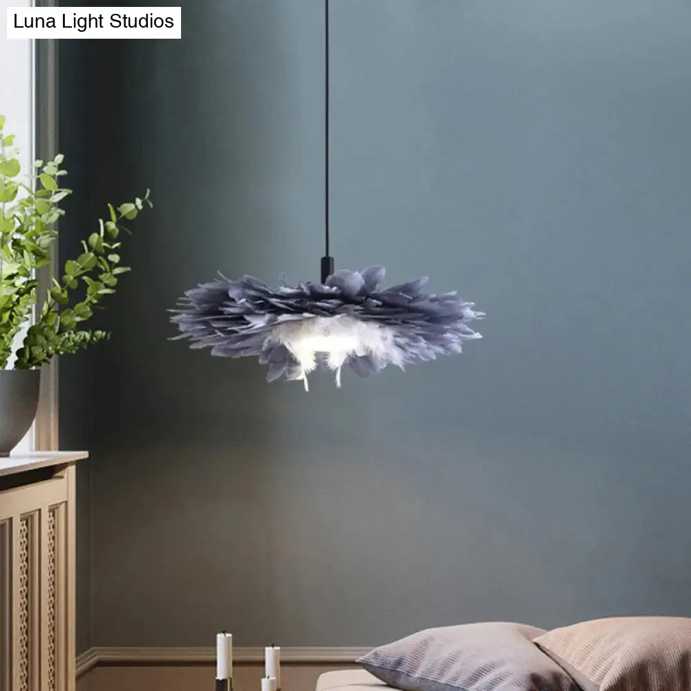 Artistic 1-Head Black and Blue Floral Feather Hanging Light Fixture for Bedroom