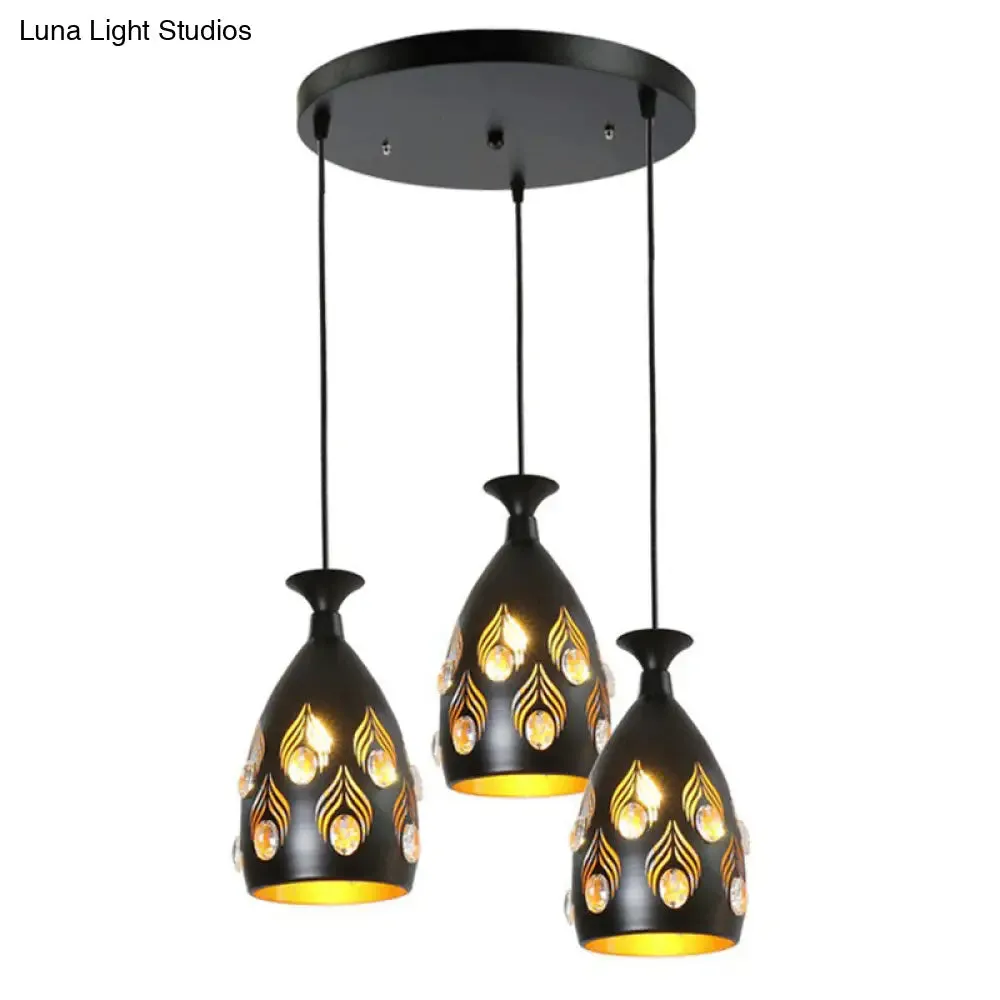 Artistic Metal Cluster Pendant Light - 3 Head Cup Shape, Black Hollowed-out Ceiling Lamp with Crystals