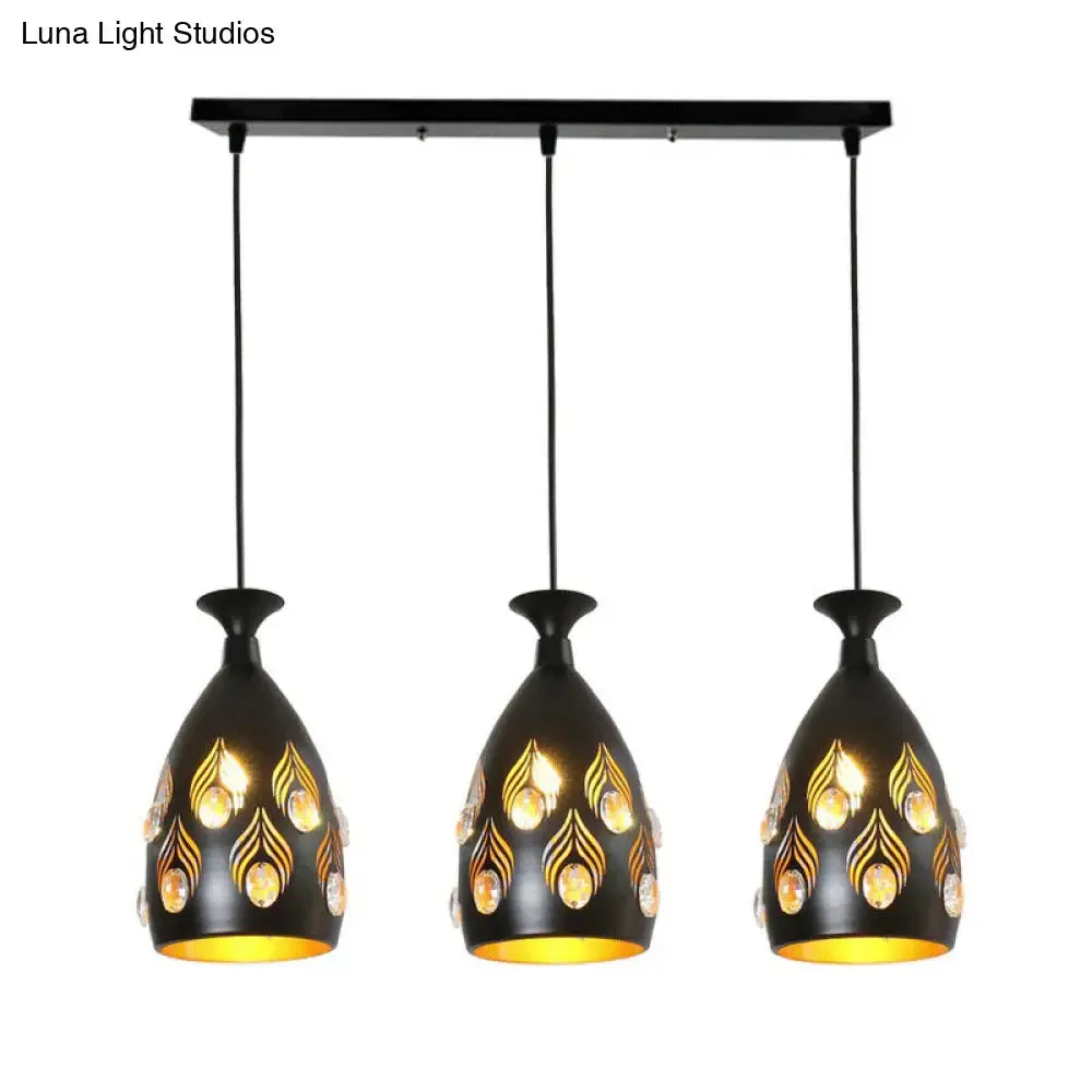 Artistic Metal Cluster Pendant Light - 3 Head Cup Shape, Black Hollowed-out Ceiling Lamp with Crystals