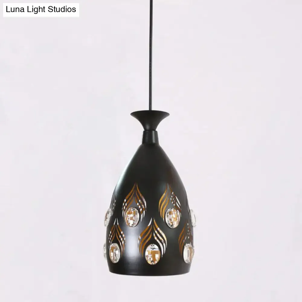 Artistic Metal Cluster Pendant Light - 3 Head Cup Shape, Black Hollowed-out Ceiling Lamp with Crystals