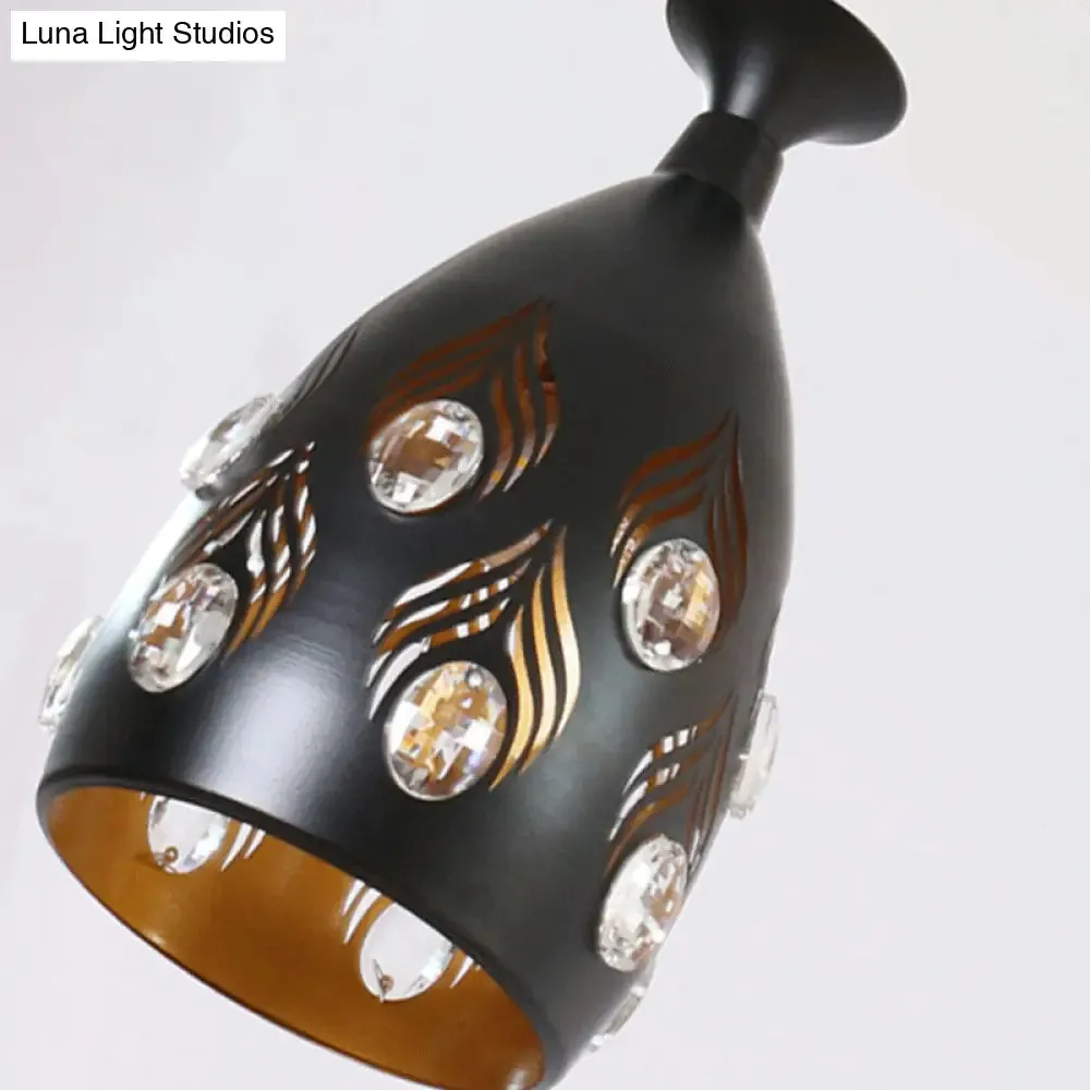 Artistic Metal Cluster Pendant Light - 3 Head Cup Shape, Black Hollowed-out Ceiling Lamp with Crystals