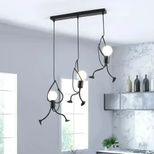 Artistic Stickman Pendant Lamp - Metal 3-Light - Black - Dining Room Hanging Light