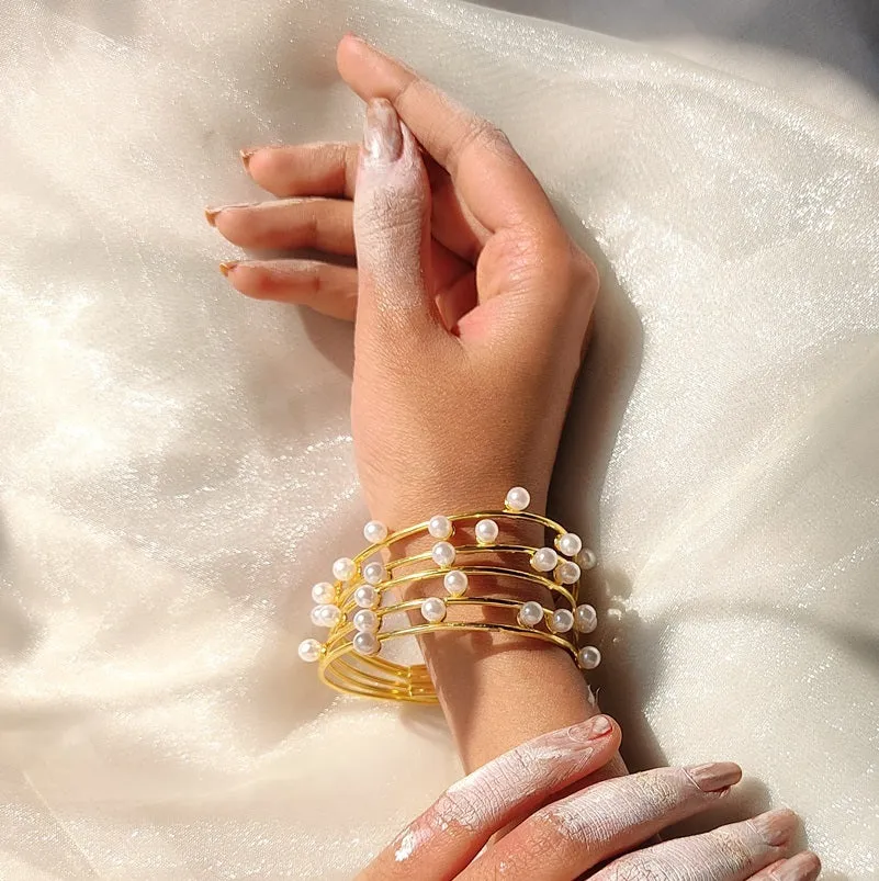 AS101135 -  Golden handcuff Bangles with pearls