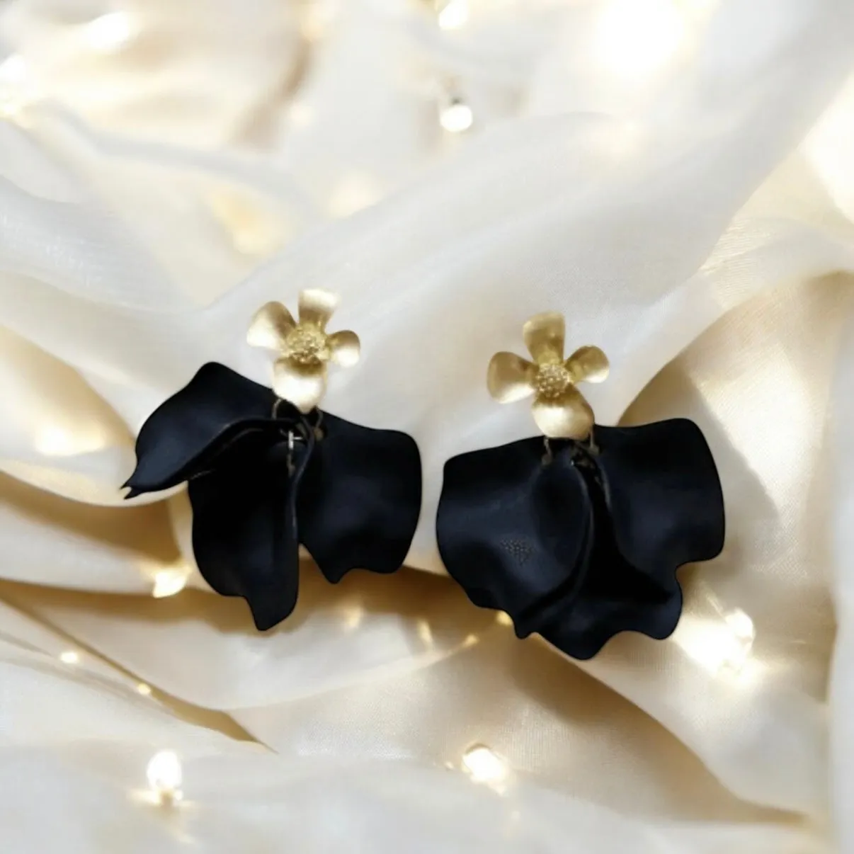 Black - flower earrings |dangly earrings | matte petals bar statement earrings | unique gold bridal floral earrings