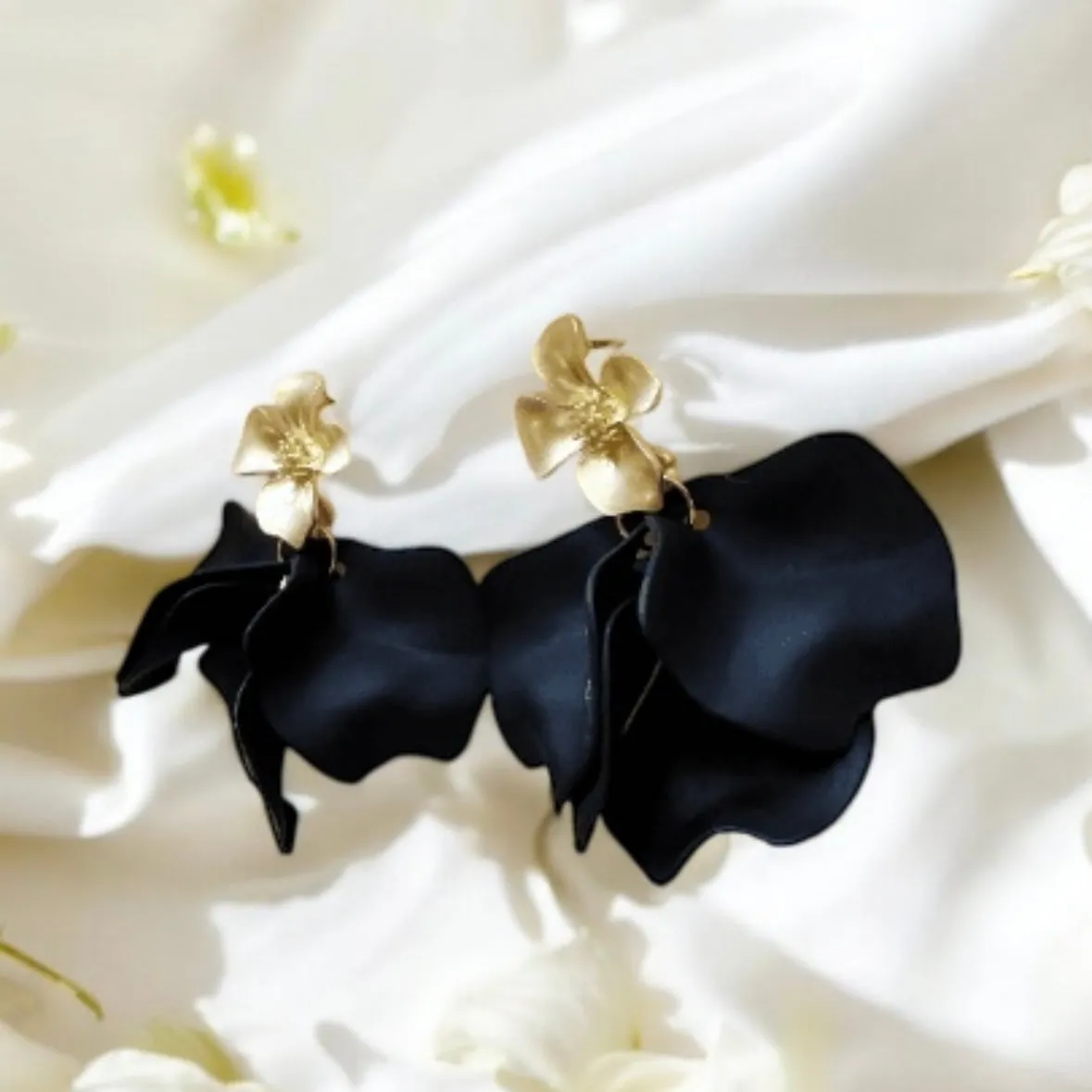 Black - flower earrings |dangly earrings | matte petals bar statement earrings | unique gold bridal floral earrings