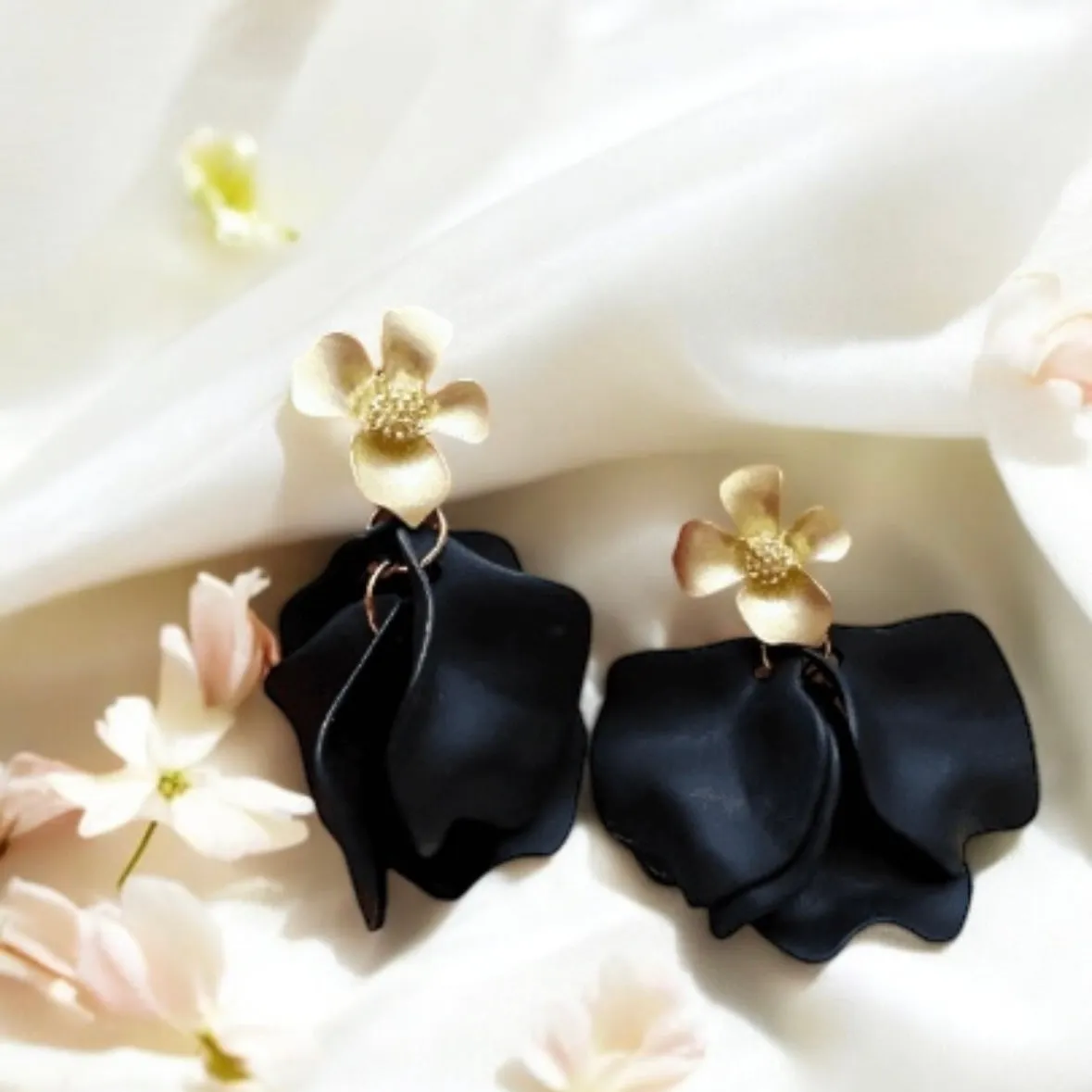 Black - flower earrings |dangly earrings | matte petals bar statement earrings | unique gold bridal floral earrings