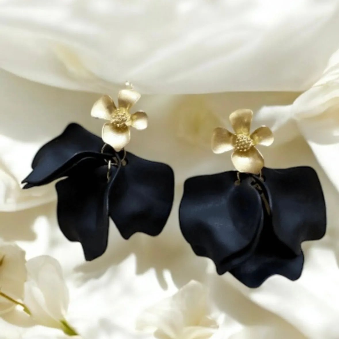 Black - flower earrings |dangly earrings | matte petals bar statement earrings | unique gold bridal floral earrings