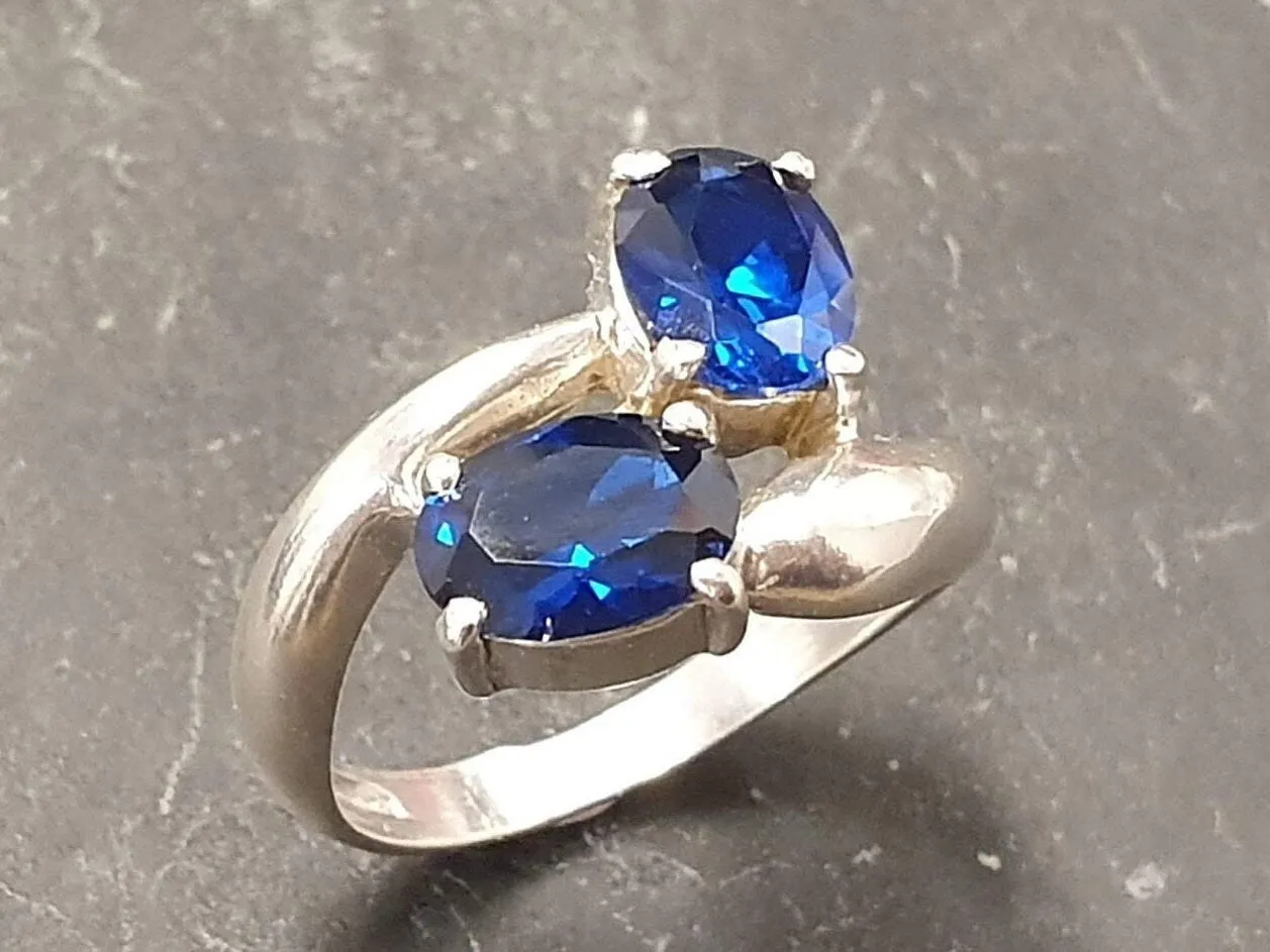 Blue Sapphire Ring - Twin Sapphire Ring - Unique Blue Ring