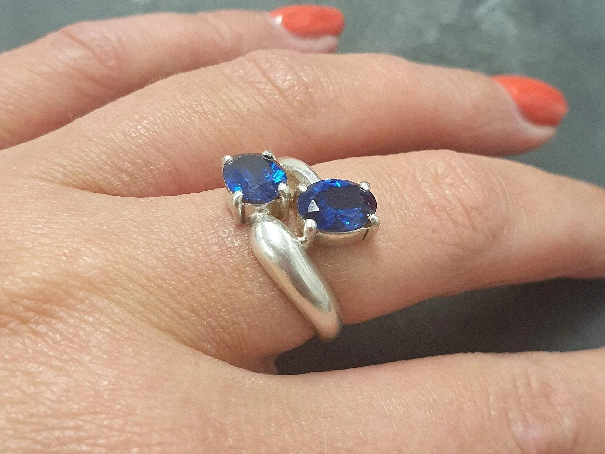 Blue Sapphire Ring - Twin Sapphire Ring - Unique Blue Ring