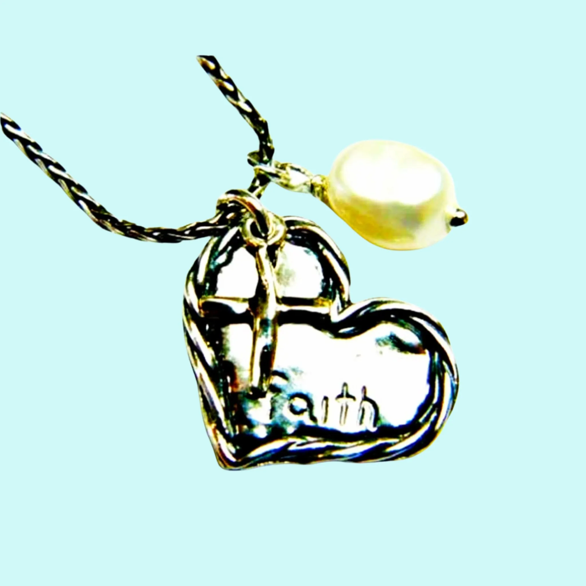 Bluenoemi Sterling Silver Heart Cross Pearl Charms necklace "Faith"