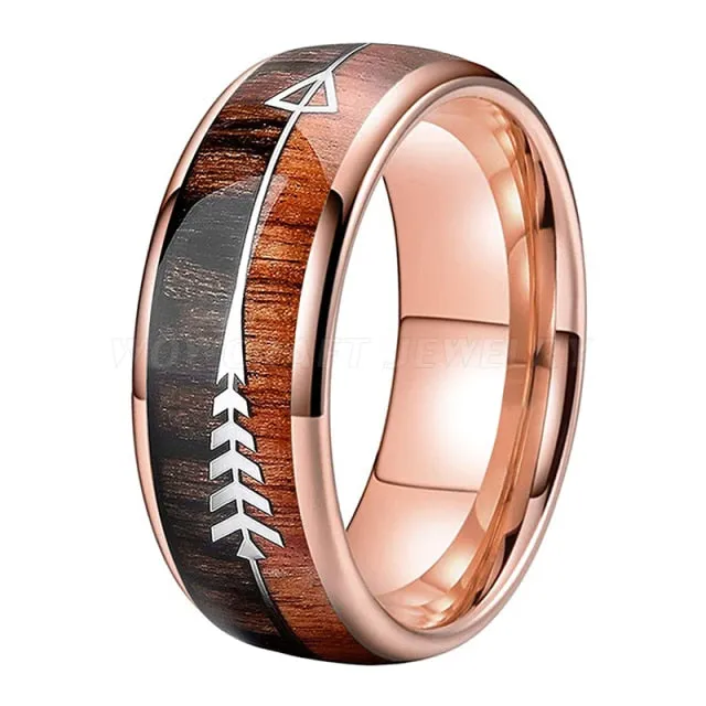 Brown Koa Wood & Rose Gold Tungsten Carbide Rings