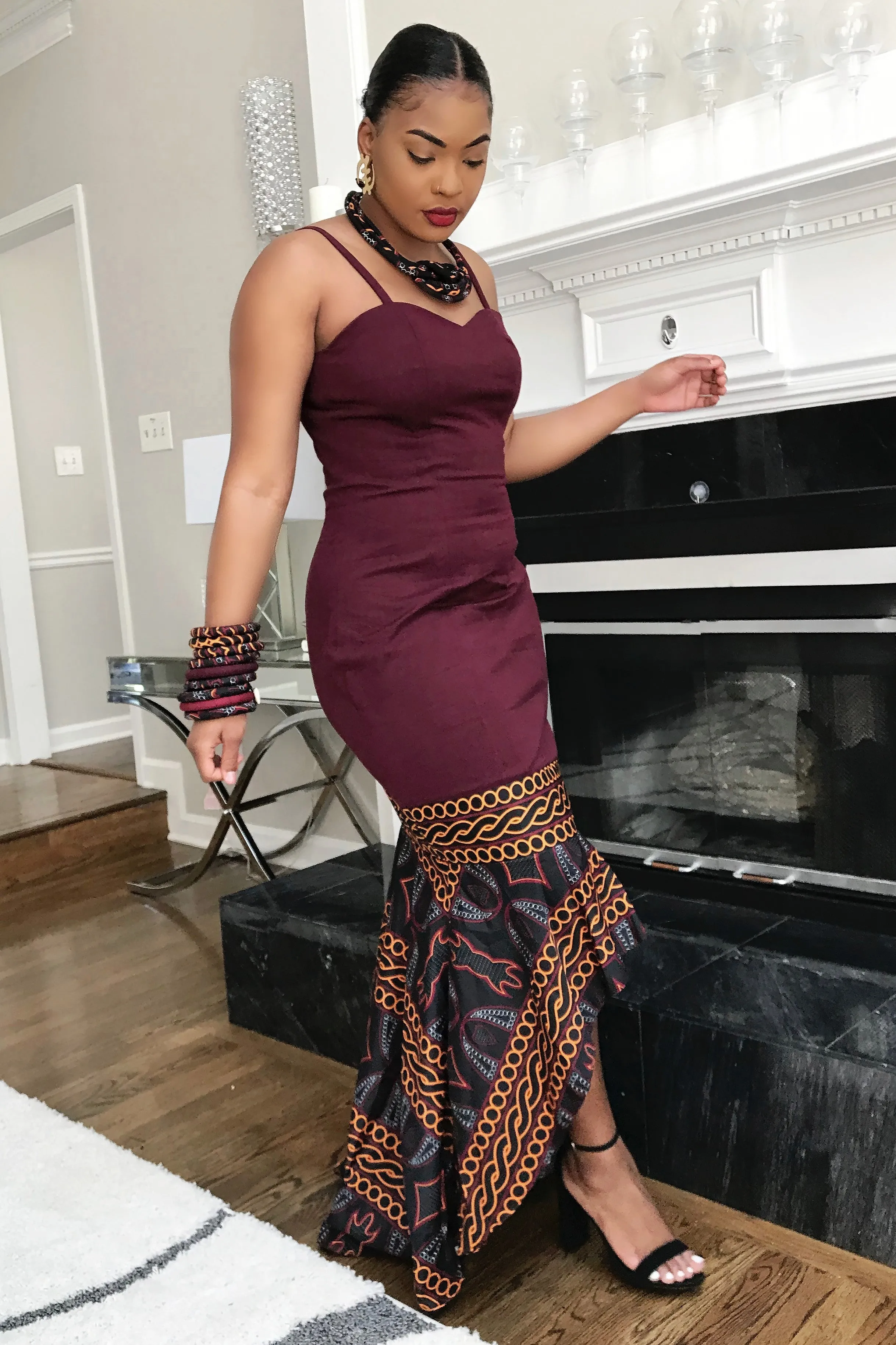 Burgundy Toghu African Print Dress