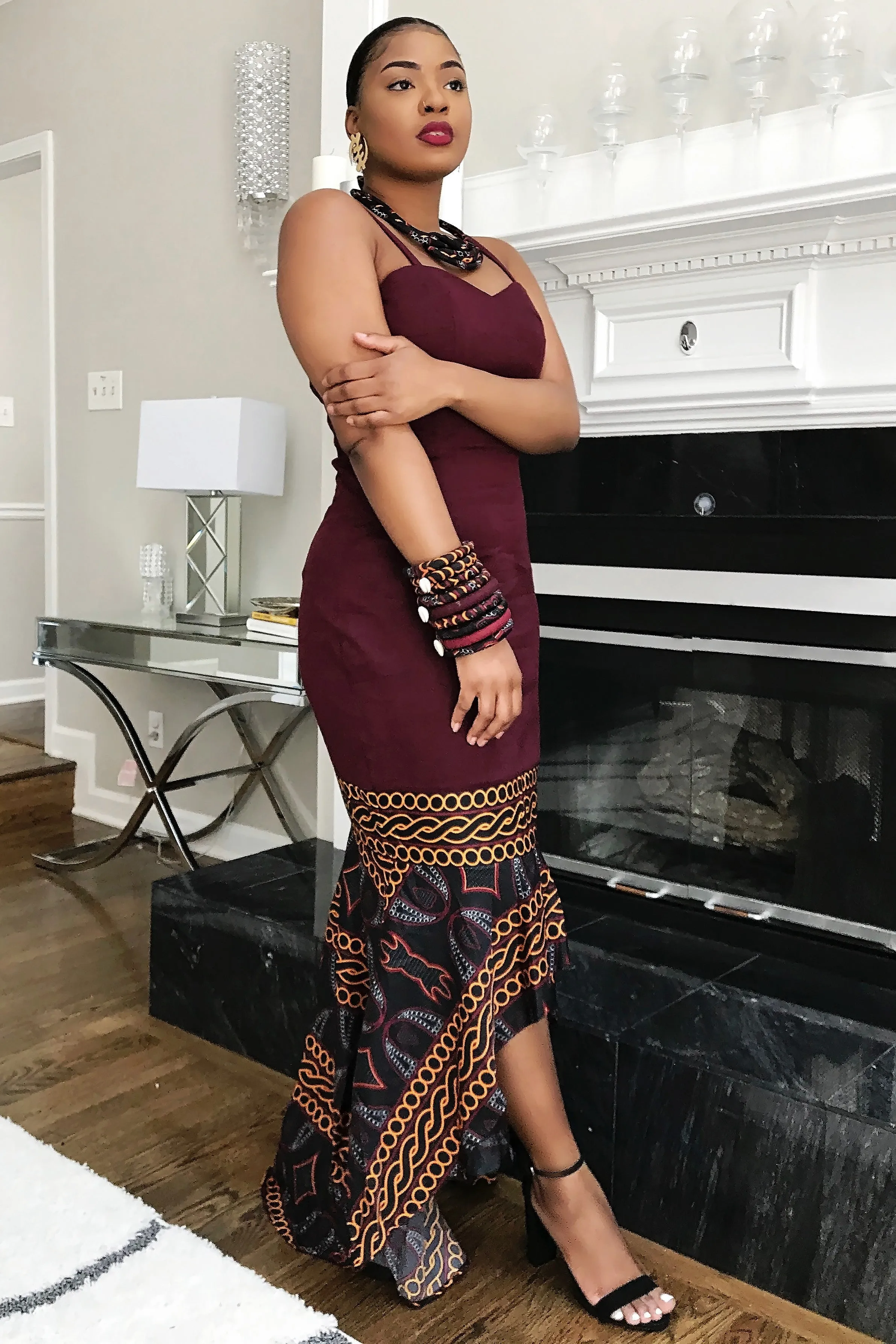 Burgundy Toghu African Print Dress