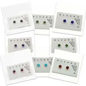 Cabochon Gemstone and Sterling Silver Stud Earrings