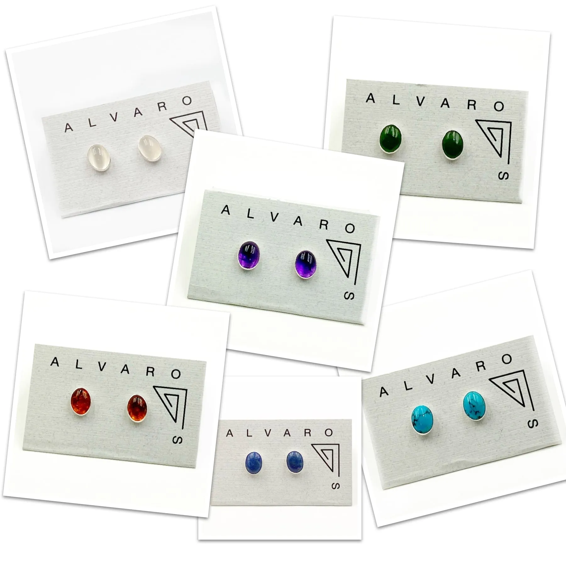 Cabochon Gemstone and Sterling Silver Stud Earrings