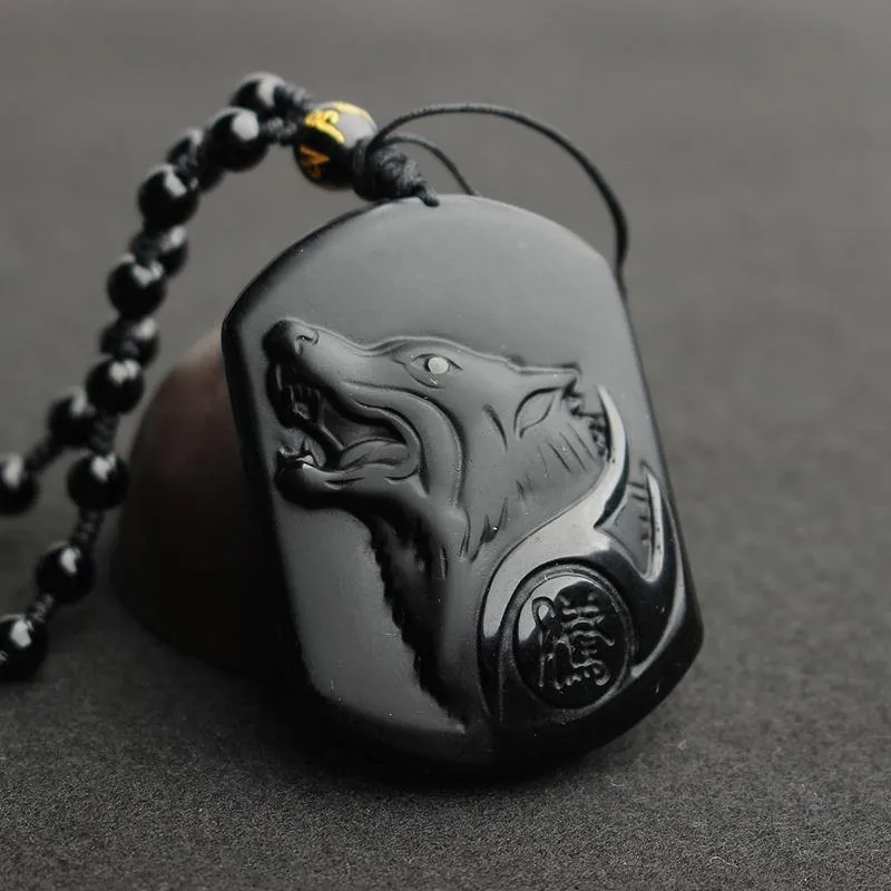 Carved Black Obsidian Wolf Necklace