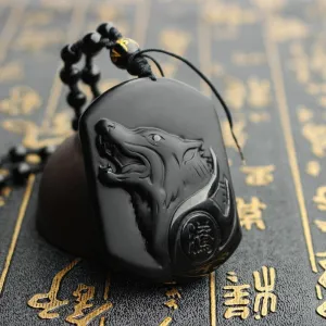 Carved Black Obsidian Wolf Necklace