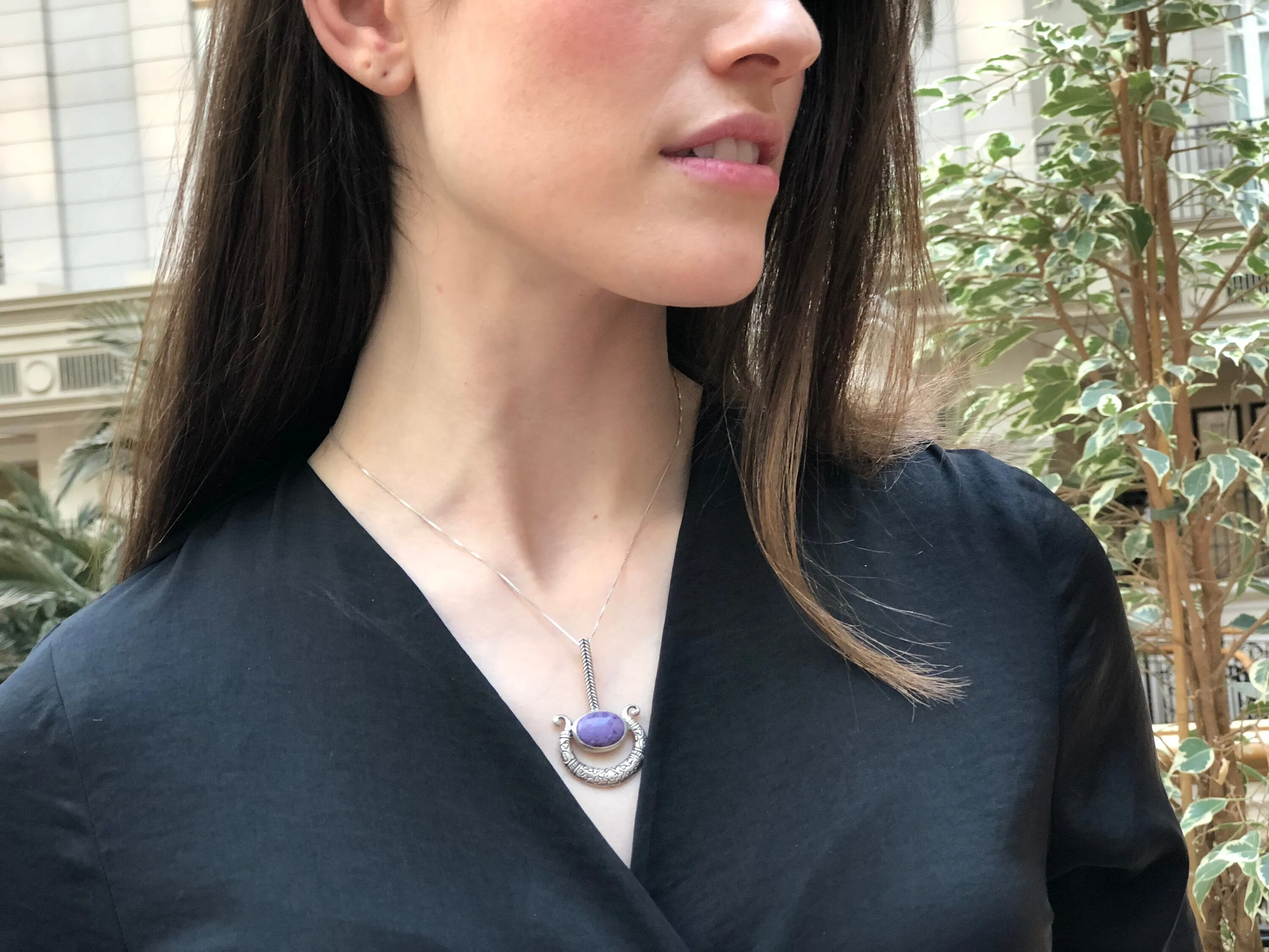 Charoite Necklace - Boho Charoite Pendant - Large Tribal Necklace