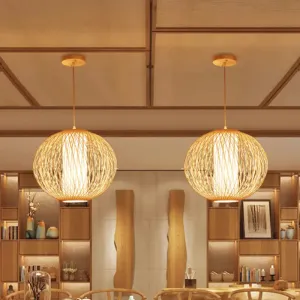 Chinese-inspired Beige Globe Pendant Lamp with Bamboo Hanging Light Kit - Inner White Cylinder Shade